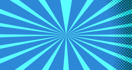 Vintage colorful comic book background. Blue blank bubbles of different shapes. Rays, radial, halftone, dotted effects. For sale banner for your designe 1960s. With copy space eps10.