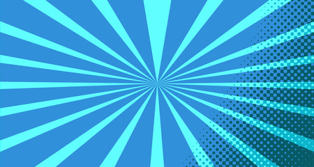 Vintage colorful comic book background. Blue blank bubbles of different shapes. Rays, radial, halftone, dotted effects. For sale banner for your designe 1960s. With copy space eps10.