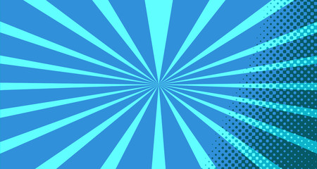 Vintage colorful comic book background. Blue blank bubbles of different shapes. Rays, radial, halftone, dotted effects. For sale banner for your designe 1960s. With copy space eps10.