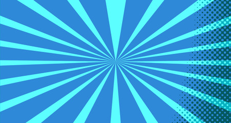 Vintage colorful comic book background. Blue blank bubbles of different shapes. Rays, radial, halftone, dotted effects. For sale banner for your designe 1960s. With copy space eps10.