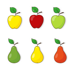 Set of different kinds of apples and pears. Fruit icons on the white background. Vector illustration.