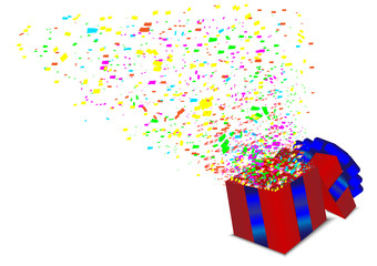 Open 3d red gift box with confetti.Red box with blue ribbon. Surprise box,open box, Party.