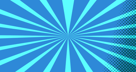 Vintage colorful comic book background. Blue blank bubbles of different shapes. Rays, radial, halftone, dotted effects. For sale banner for your designe 1960s. With copy space eps10.