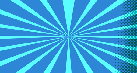 Vintage colorful comic book background. Blue blank bubbles of different shapes. Rays, radial, halftone, dotted effects. For sale banner for your designe 1960s. With copy space eps10.