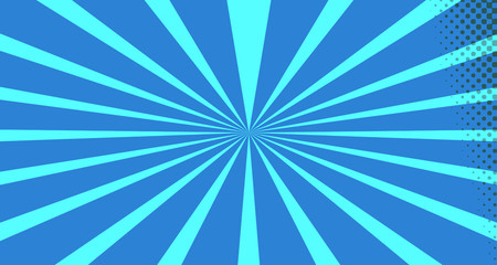 Vintage colorful comic book background. Blue blank bubbles of different shapes. Rays, radial, halftone, dotted effects. For sale banner for your designe 1960s. With copy space eps10.