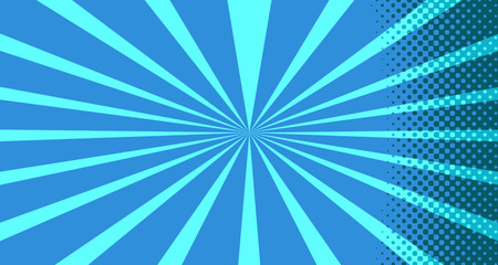 Vintage colorful comic book background. Blue blank bubbles of different shapes. Rays, radial, halftone, dotted effects. For sale banner for your designe 1960s. With copy space eps10.