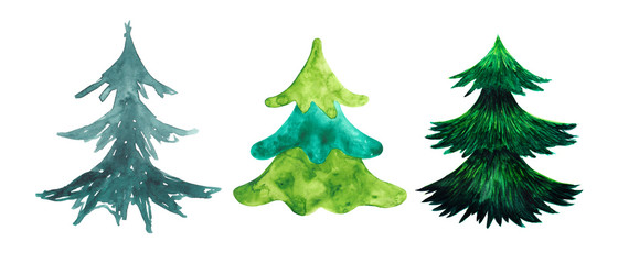 Set Watercolor green hand-drawn christmas tree isolated on white. Stock raster illustration.