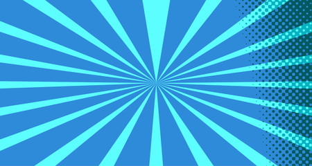 Vintage colorful comic book background. Blue blank bubbles of different shapes. Rays, radial, halftone, dotted effects. For sale banner for your designe 1960s. With copy space eps10.