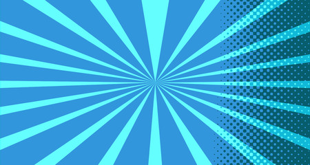 Vintage colorful comic book background. Blue blank bubbles of different shapes. Rays, radial, halftone, dotted effects. For sale banner for your designe 1960s. With copy space eps10.