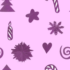 Seamless pattern with purple Christmas decor: caramel, candle, star, snowflake, heart on a pink background. Hand drawn gouache drawing. Stock vector illustration.