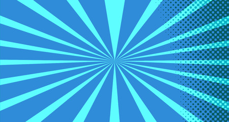 Vintage colorful comic book background. Blue blank bubbles of different shapes. Rays, radial, halftone, dotted effects. For sale banner for your designe 1960s. With copy space eps10.
