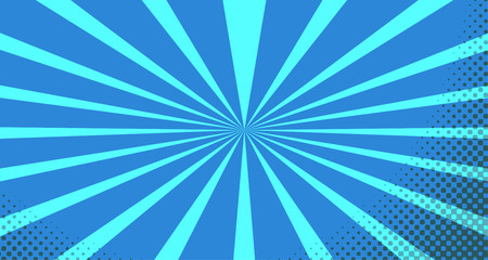 Vintage colorful comic book background. Blue blank bubbles of different shapes. Rays, radial, halftone, dotted effects. For sale banner for your designe 1960s. With copy space eps10.