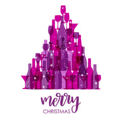 Happy new year poster made with wine and champagne bottles and glasses. Violet Christmas tree on white background. Vector holiday card