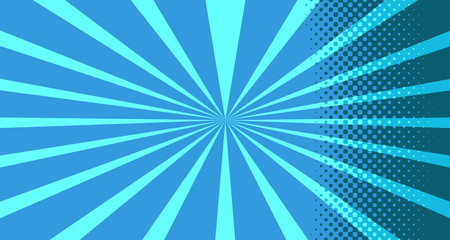 Vintage colorful comic book background. Blue blank bubbles of different shapes. Rays, radial, halftone, dotted effects. For sale banner for your designe 1960s. With copy space eps10.