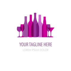 Abstract colorful logo design template. Wine bottle and glass vector icon. Concept for bar menu, party, alcohol drinks, celebration holidays.