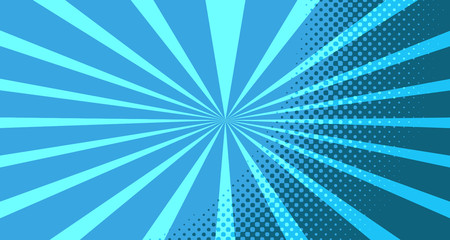 Vintage colorful comic book background. Blue blank bubbles of different shapes. Rays, radial, halftone, dotted effects. For sale banner for your designe 1960s. With copy space eps10.