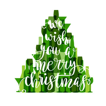 Happy new year poster made with wine and champagne bottles and glasses. Violet Christmas tree on white background. Vector holiday card