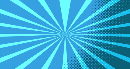 Obraz premium Vintage colorful comic book background. Blue blank bubbles of different shapes. Rays, radial, halftone, dotted effects. For sale banner for your designe 1960s. With copy space eps10.