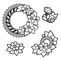 Set of Mehndi flower pattern for Henna drawing and tattoo. Decoration in ethnic oriental, Indian style. Doodle ornament. Outline hand draw vector illustration.