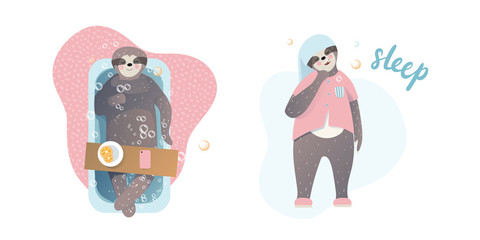 Cute lazy sloth sleeping in the bath and brushing teeth. Sleep type lettering. Vector calligraphy. Cartoon style, vector illustration. 