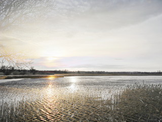 The mixed image of the view of the ice on the surface of the lake and the natural background of the view of the lake shore at the cold spring day at the City Park. 