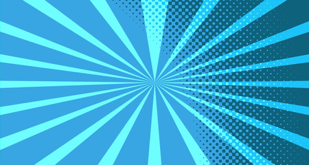 Vintage colorful comic book background. Blue blank bubbles of different shapes. Rays, radial, halftone, dotted effects. For sale banner for your designe 1960s. With copy space eps10.