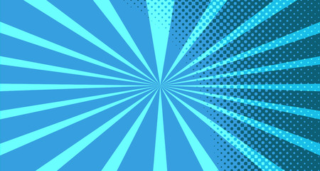 Vintage colorful comic book background. Blue blank bubbles of different shapes. Rays, radial, halftone, dotted effects. For sale banner for your designe 1960s. With copy space eps10.