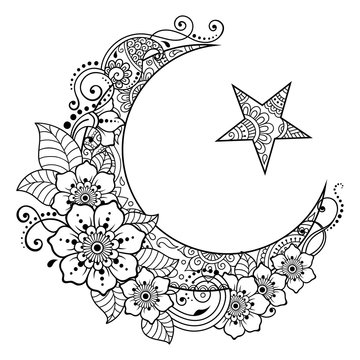 Religious Islamic symbol of the Star and the Crescent with flower in mehndi style. Decorative sign for making and tattoos. Eastern Muslim signifier.