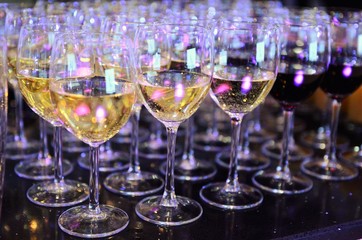 Rows of full champagne, sparkling wine and red wine glasses. Dining, drink. Catering service concept.