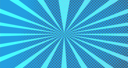Obraz premium Vintage colorful comic book background. Blue blank bubbles of different shapes. Rays, radial, halftone, dotted effects. For sale banner for your designe 1960s. With copy space eps10.