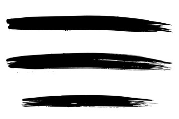Vector Set of three large and long brush strokes with black artistic ink. Hand drawn illustration isolated on white