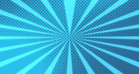 Vintage colorful comic book background. Blue blank bubbles of different shapes. Rays, radial, halftone, dotted effects. For sale banner for your designe 1960s. With copy space eps10.
