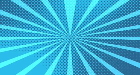 Obraz premium Vintage colorful comic book background. Blue blank bubbles of different shapes. Rays, radial, halftone, dotted effects. For sale banner for your designe 1960s. With copy space eps10.