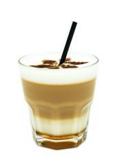 coffee, latte in a transparent glass, with froth, cappuccino with latte art and a straw, isolate on a white background