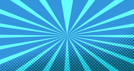 Fototapeta premium Vintage colorful comic book background. Blue blank bubbles of different shapes. Rays, radial, halftone, dotted effects. For sale banner for your designe 1960s. With copy space eps10.