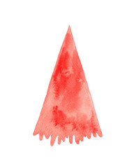 Watercolor christmas red tree painted by hand isolated on a white background. A tree stylized as a triangle with a wavy conifer below. Vertical raster card template with place for your text