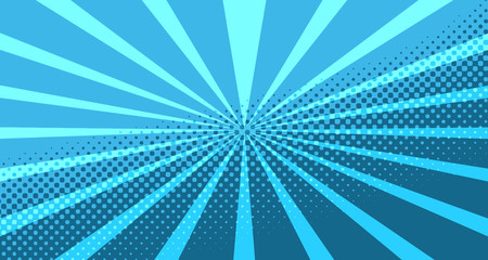 Vintage colorful comic book background. Blue blank bubbles of different shapes. Rays, radial, halftone, dotted effects. For sale banner for your designe 1960s. With copy space eps10.