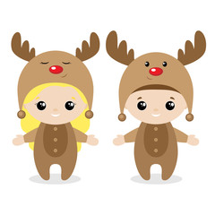 Deer costume.Cute kids wearing Christmas costumes. Set of Christmas characters. Vector illustration