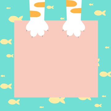 Cute yellow tabby cat hold pink paper and yellow fish on blue background