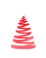 Hand drawn red christmas tree with one big brush stroke. Watercolor bright red paint. Illustration can be used as a card. Isolated on white. Place for text