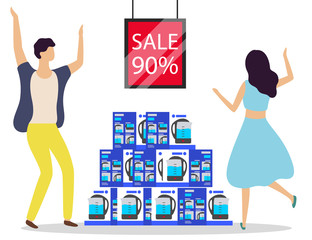 Happy clients of electronics. Man and woman dancing by kettle variety at store. Teapot in boxes on sale, discount 90 percent off price. Couple buying electric appliance for kitchen with offer vector