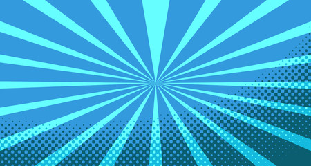 Vintage colorful comic book background. Blue blank bubbles of different shapes. Rays, radial, halftone, dotted effects. For sale banner for your designe 1960s. With copy space eps10.