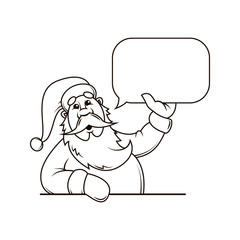 black and white simple line art illustration of cartoon Santa Claus with empty dialog cloud in hand