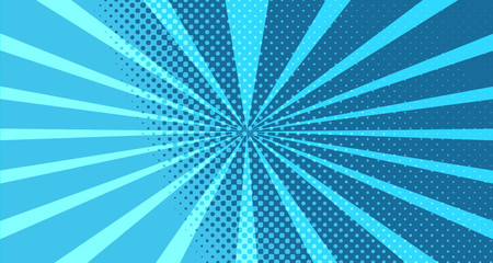 Vintage colorful comic book background. Blue blank bubbles of different shapes. Rays, radial, halftone, dotted effects. For sale banner for your designe 1960s. With copy space eps10.
