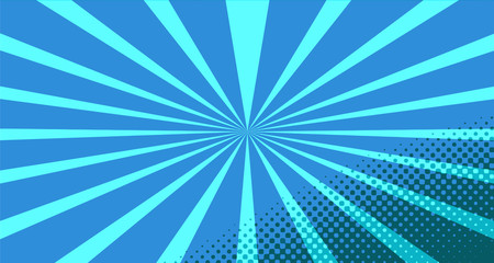 Vintage colorful comic book background. Blue blank bubbles of different shapes. Rays, radial, halftone, dotted effects. For sale banner for your designe 1960s. With copy space eps10.