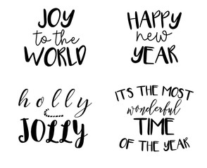 Merry Christmas anad Happy New Year simple lettering set. Calligraphy card sticker graphic design element. Hand written sign. Cartoon style , vector Eps.8 . 