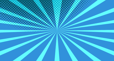 Vintage colorful comic book background. Blue blank bubbles of different shapes. Rays, radial, halftone, dotted effects. For sale banner for your designe 1960s. With copy space eps10.