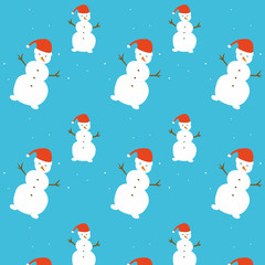 Cartoon winter Merry Christmas and Happy New Year pattern illustration  with cute snowman. Fun flat design. New year.  Fabric and wrapping paper design.