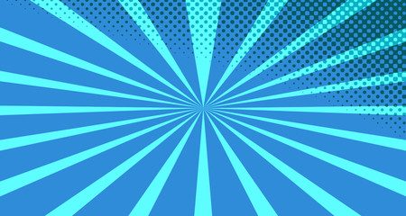 Obraz premium Vintage colorful comic book background. Blue blank bubbles of different shapes. Rays, radial, halftone, dotted effects. For sale banner for your designe 1960s. With copy space eps10.