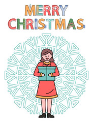 Merry Christmas greeting card vector, kid holding present in hands. Winter holidays celebration. Tradition of gifts exchanging. Girl with box and snowflake ornament on background flat style print